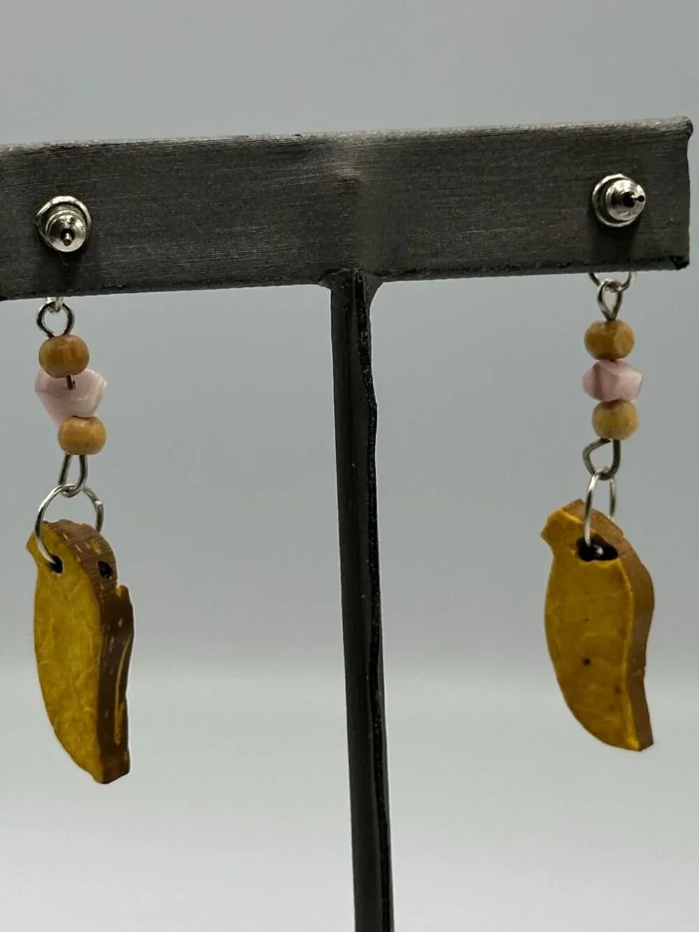 3/$30 Leaf Carved Earrings Wood Beads Dangle Boho Natural Earth Tone Pierced 2